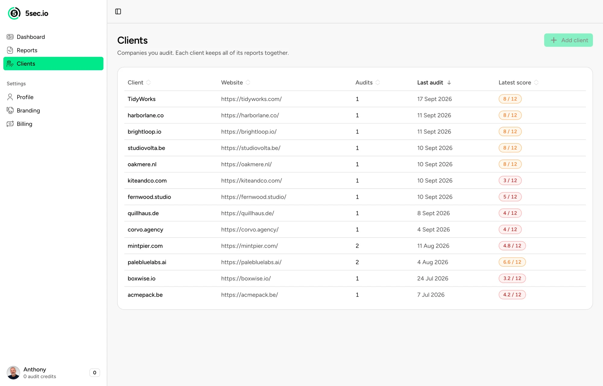 Clients list in the app with website, number of audits, last audit date and latest score per client