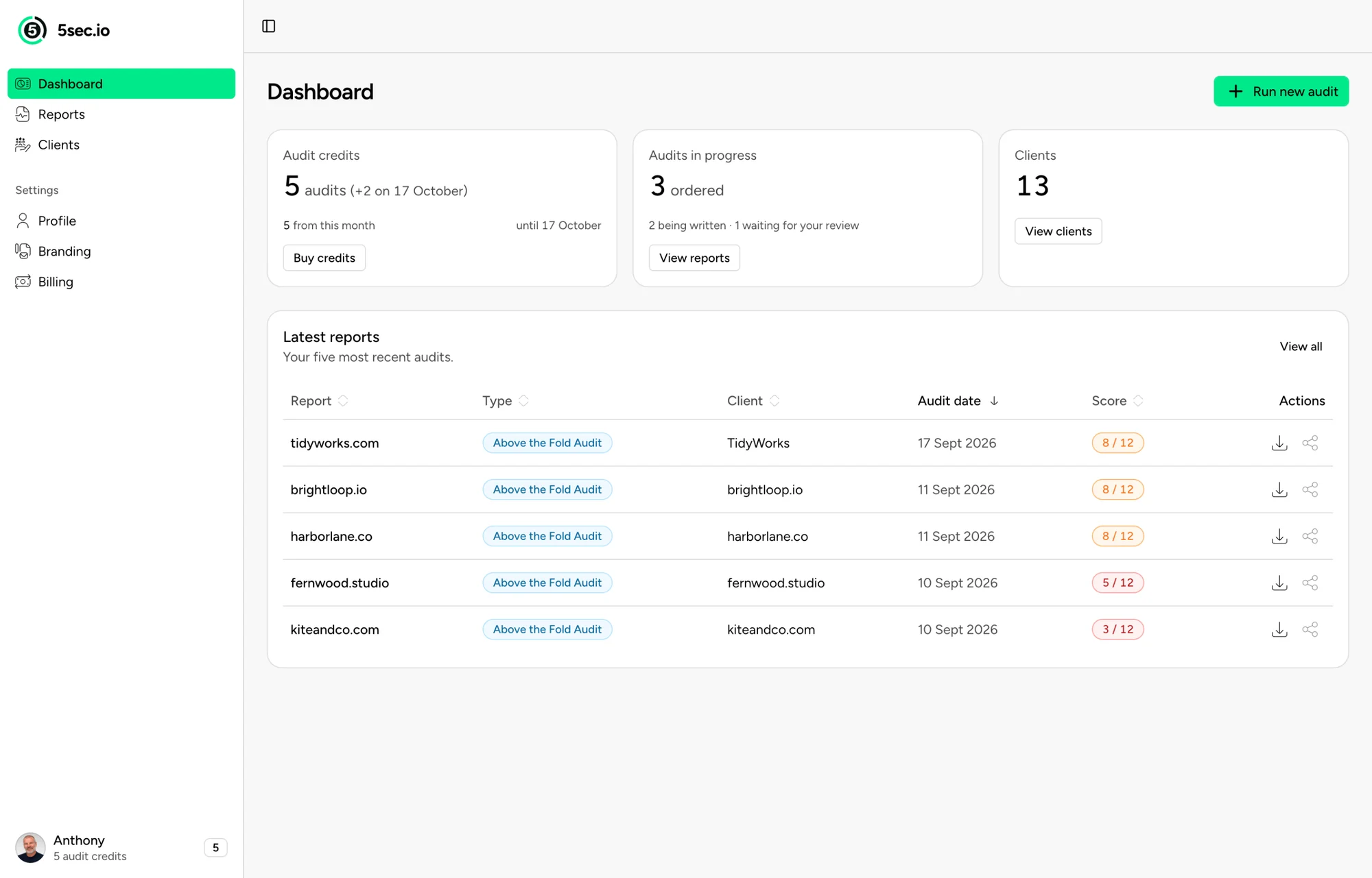 The agency dashboard with audit credits, audits in progress, client count and the five latest reports with their scores