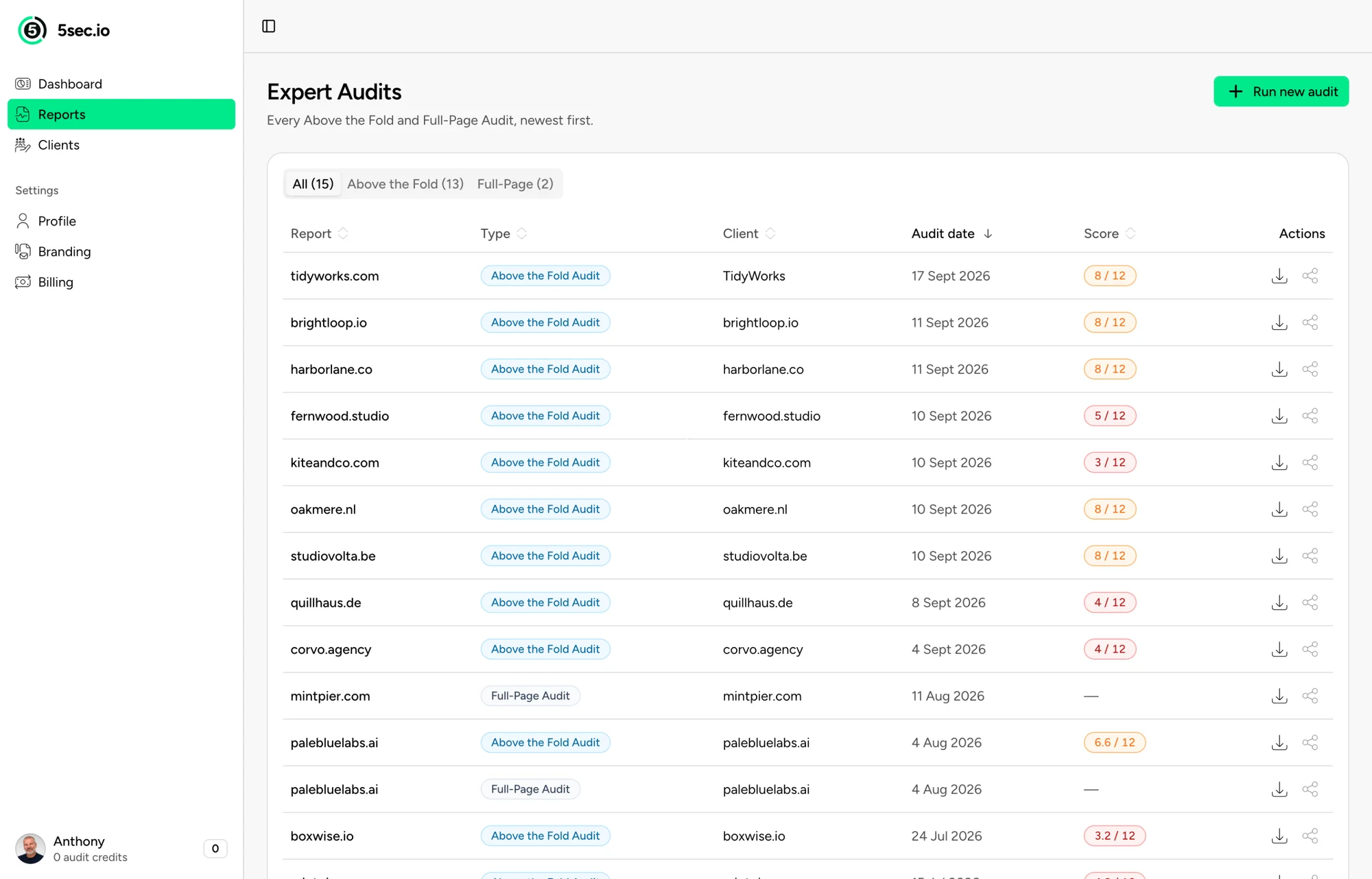 Reports list in the app showing every audit with type, client, date and score